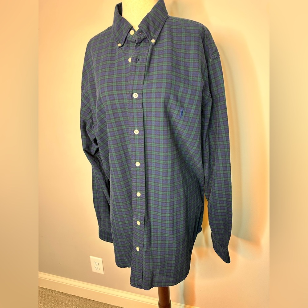 Sz Large Tall Ralph Lauren blue label button down collar shirt blue green plaid
